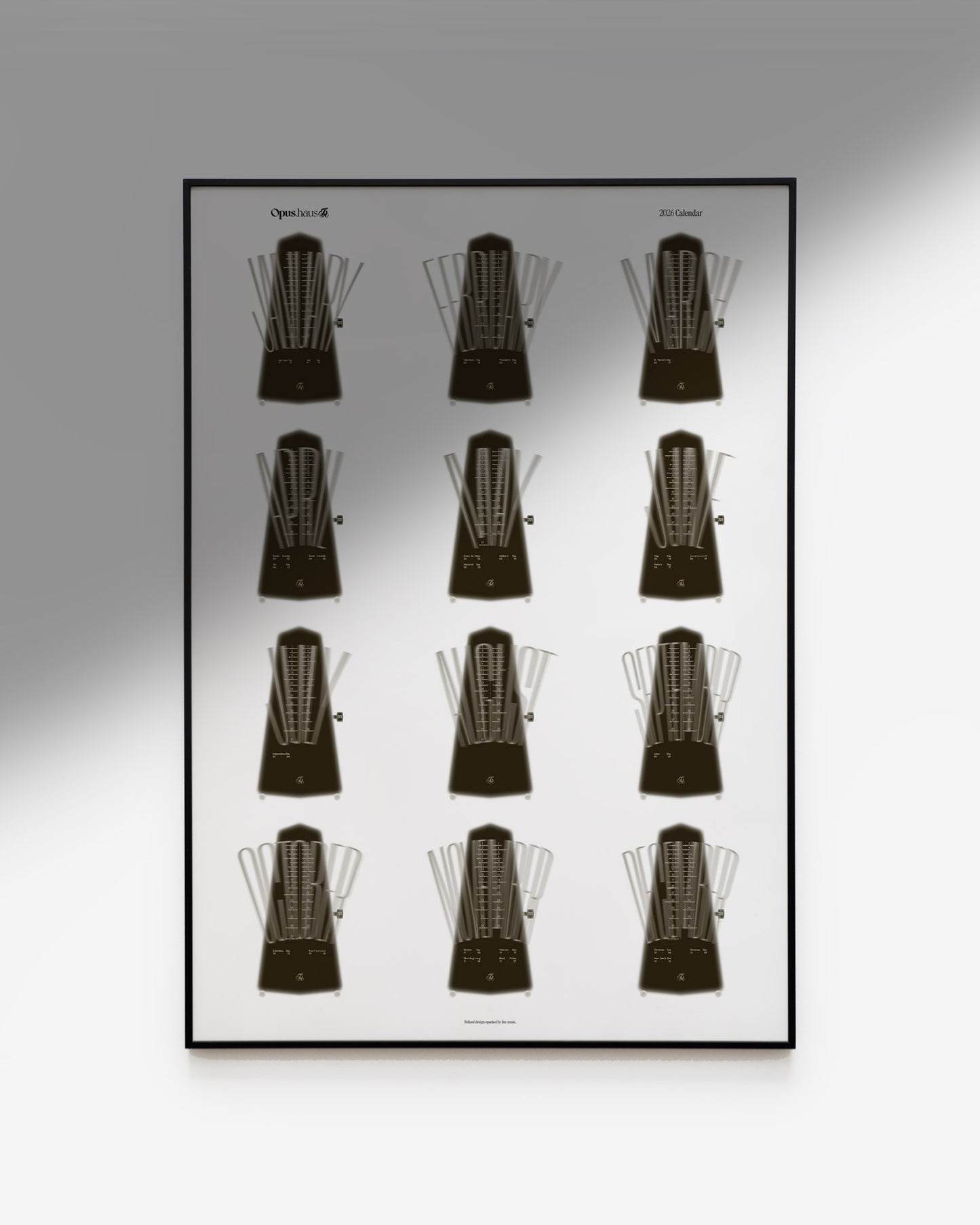 Brown and white 2026 wall calendar inspired by metronome