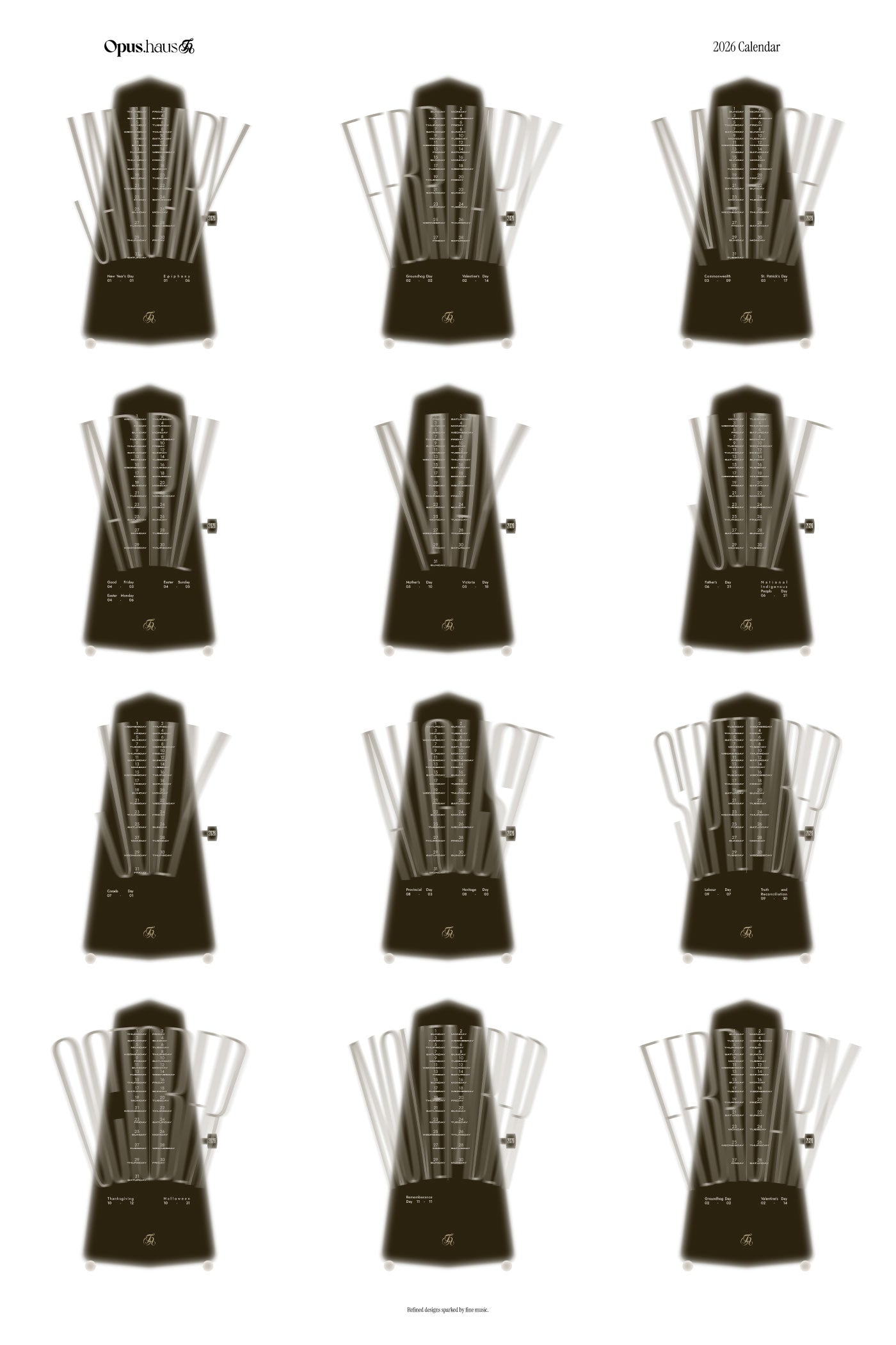 Calendar with black and white pattern of metronomes on a white background