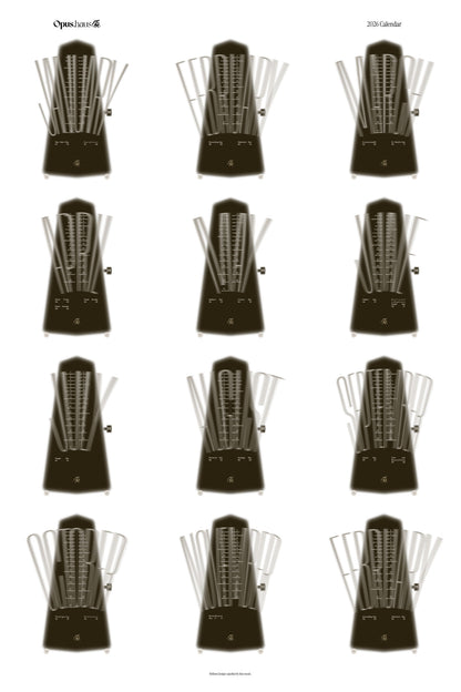 Calendar with black and white pattern of metronomes on a white background