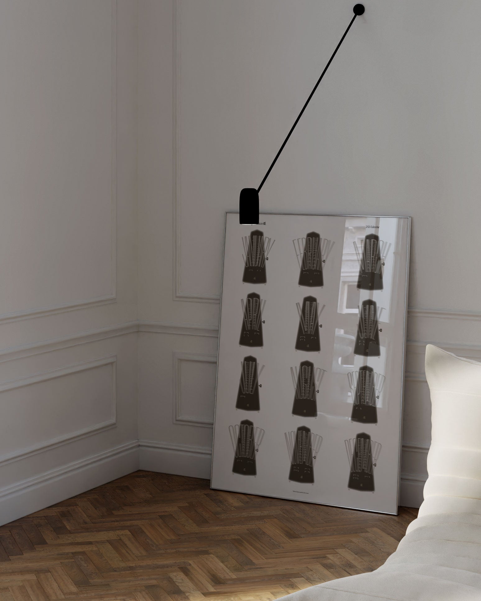 Brown and white 2026 wall calendar inspired by metronome, art print framed