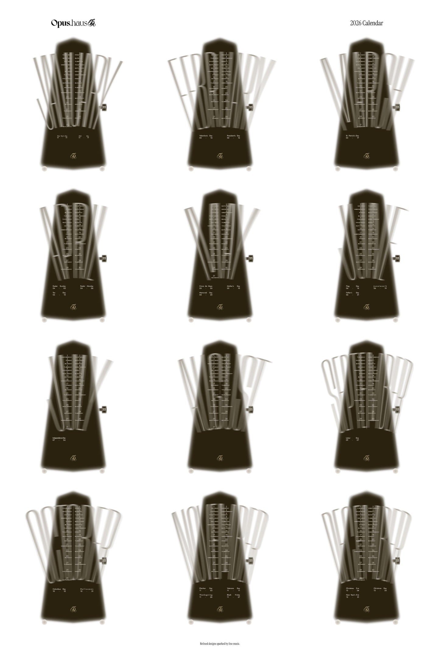 Brown and white 2026 wall calendar inspired by metronome