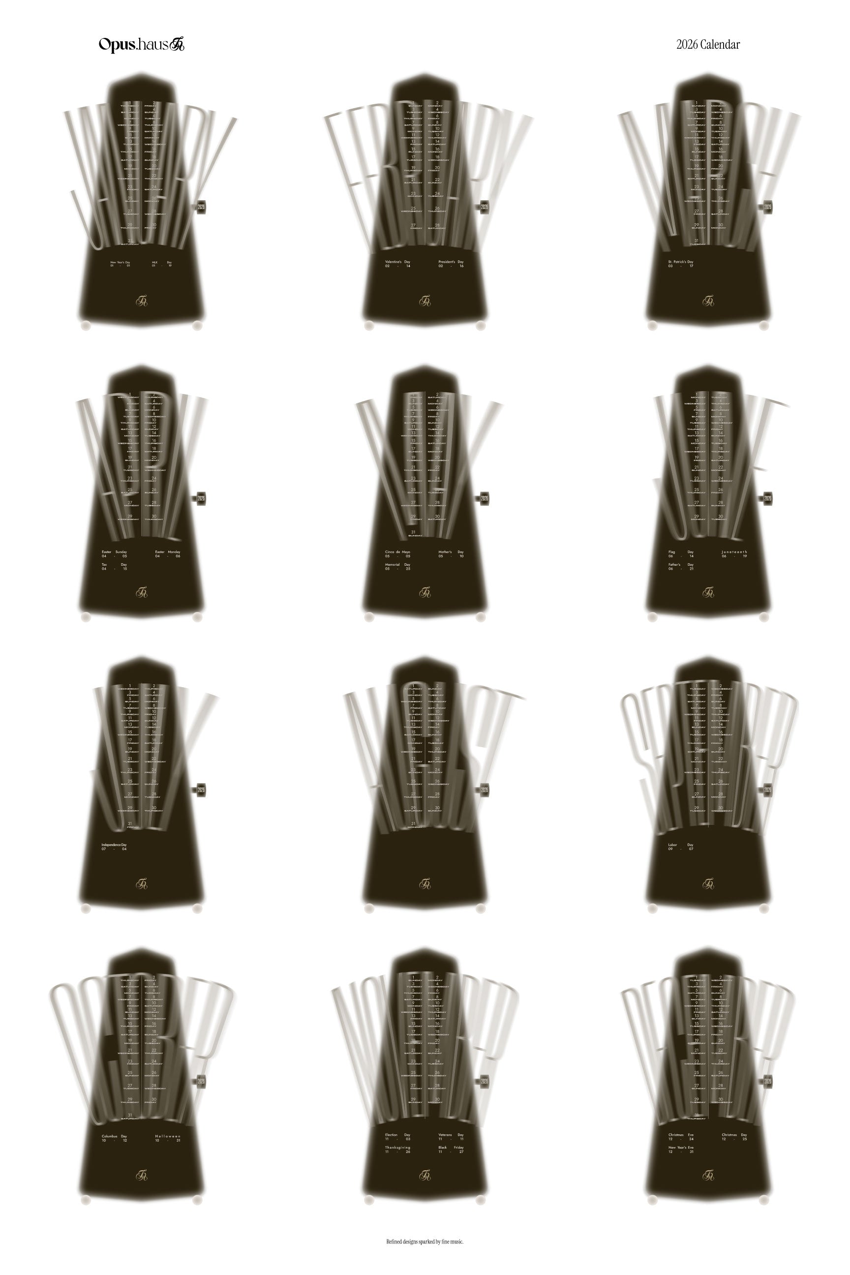 Brown and white 2026 wall calendar inspired by metronome