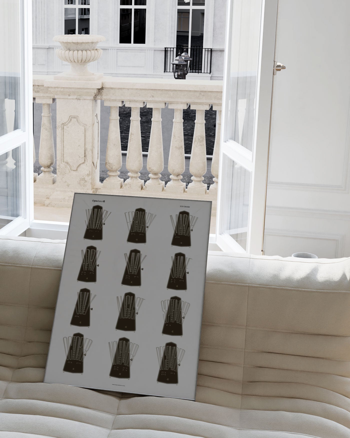 Brown and white 2026 wall calendar inspired by metronome, large art print framed