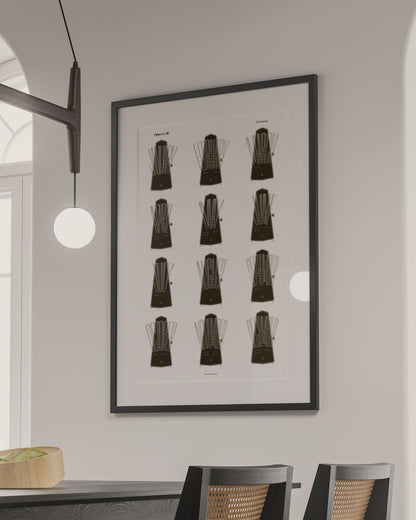 Brown and white 2026 wall calendar inspired by metronome, art print framed on wall