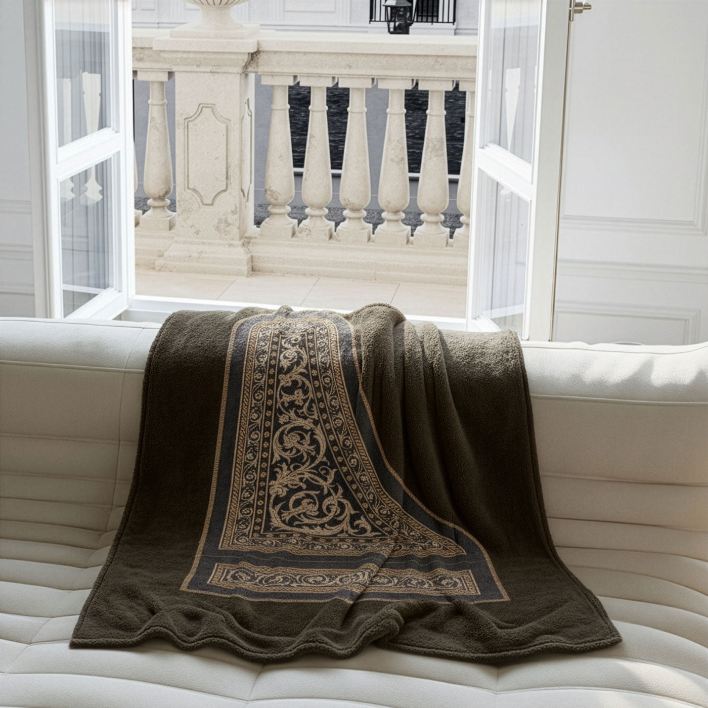 Decorative brown blanket with intricate patterns draped over a white sofa in a bright room.
