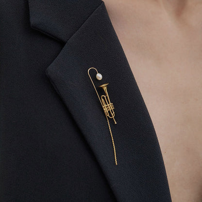 18K Gold-Plated Trumpet Brooch with Pearl