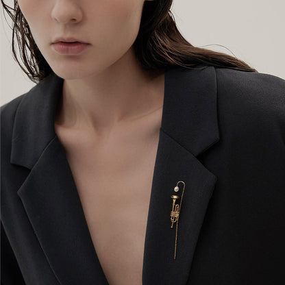 18K Gold-Plated Trumpet Brooch with Pearl